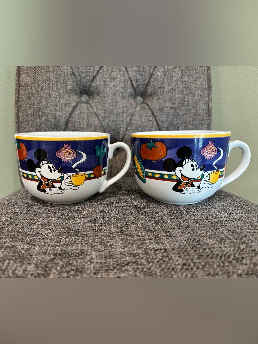 Disney White Ceramic Mugs with Blue Band and Yellow Rim featuring Mickey Mouse